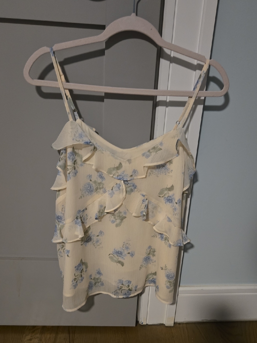 LOFT Cream Floral Ruffle Camisole with Blue Print